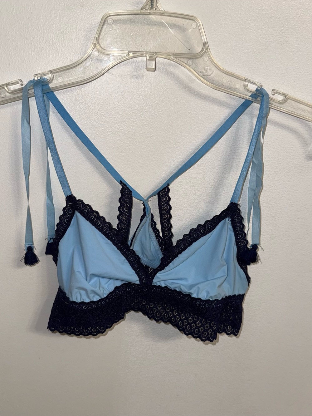 NWOT Aerie Blue Scalloped Trim Double Shoulder-Tie Straps w/ Tassels Bralette XS